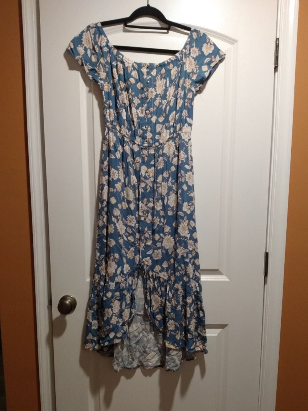 Indigo Rose Blue Floral Puff Cap Sleeve Button Down Dress